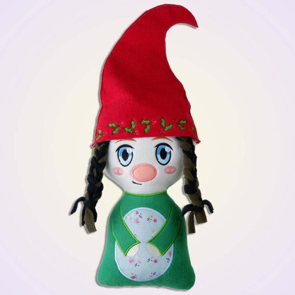 Christmas gnome girl stuffie ith machine embroidery design